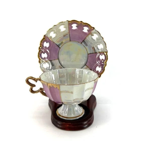 Vtg Enesco Iridescent Purple White Gold Trim Footed Teacup Saucer Set - Picture 1 of 9